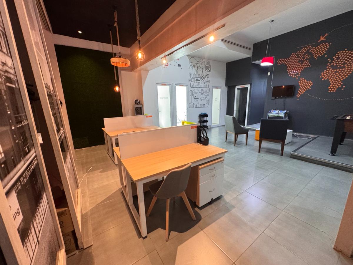 Área de coworking de D4 con escritorios de madera, mamparas y muro con mapa del mundo